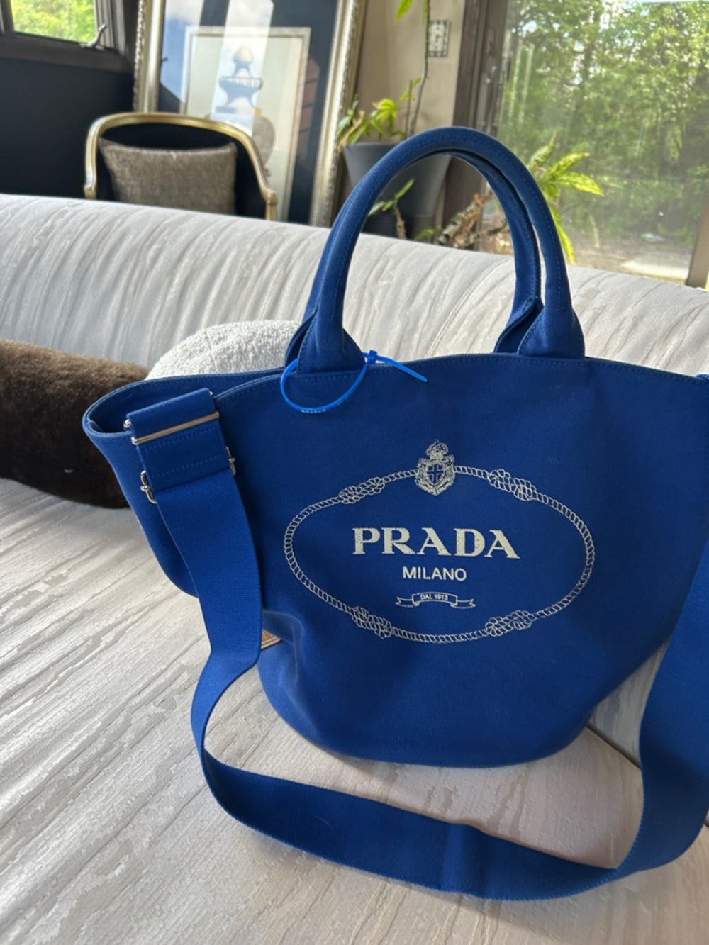 Prada Blue Canvas Tote with White Logo Large w COA - Picture 1 of 10